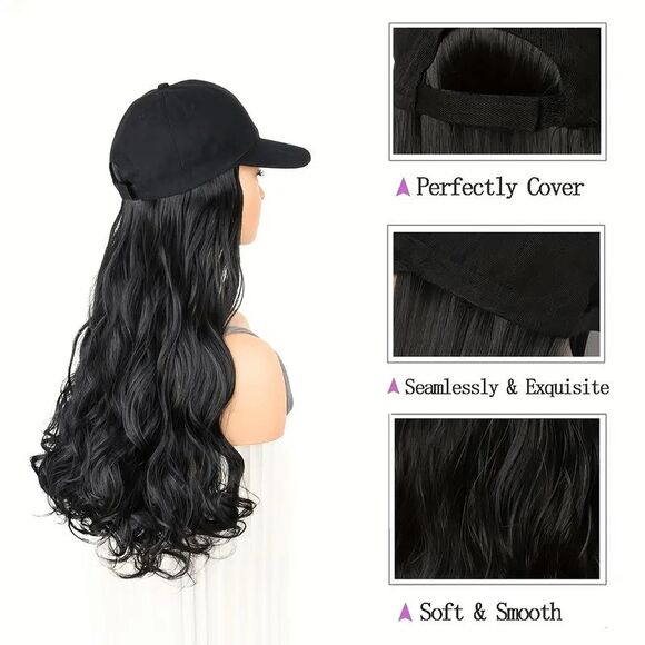 Baseball Cap with Black Wavy Hair Wig - Picture 3 of 8